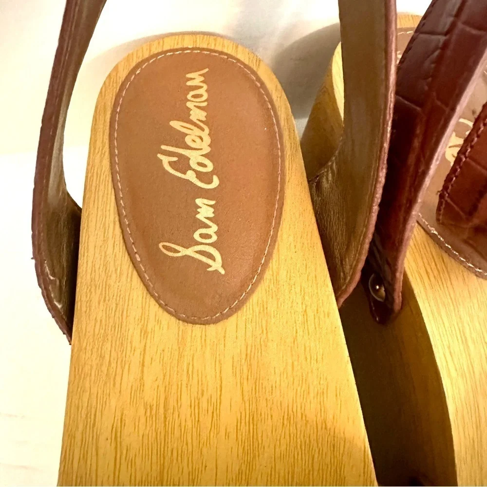 Sam Edelman Wood Platform Clog Sandel Brown Leather Size 8